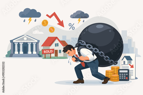 Stressed businessman carrying heavy debt ball and chain representing mortgage crisis, financial burden, loan payment struggle, economic recession, bankruptcy, and rising interest rates concept.