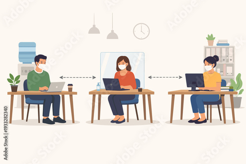 New Normal Concept of People Working in Office with Physical Distancing, Wearing Face Masks, Using Hand Sanitizer and Glass Partitions to Prevent Virus Spread and Ensure Workplace Safety