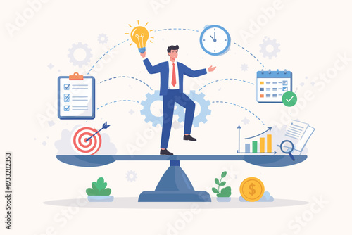 Businessman Balancing Project Management Tasks on a Scale. Concept of Efficient Workflow, Time Management, Strategic Planning, and Business Success with Icons of Clock, Calendar, Goals, and Idea.