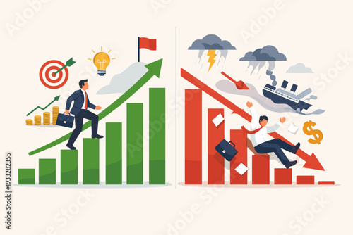 Business Success and Failure Concept Vector Illustration with Businessman Climbing Up Green Growth Bar Chart and Falling Down Red Declining Graph Representing Financial Profit and Market Loss