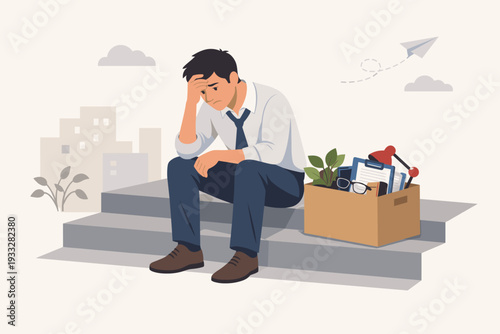 Sad Dismissed Businessman Sitting on Stairs with Box of Office Belongings; Concept of Unemployment, Job Loss, Firing, and Economic Crisis; Depressed Male Employee Fired from Work in the City.