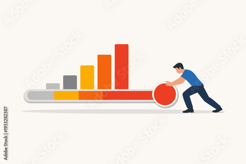 Businessman pushing a slider to the maximum position on a progress bar with a rising bar chart. Concept of skill development, performance improvement, career growth, and reaching full potential.