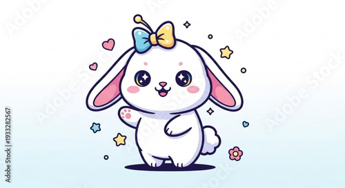 Cute white cartoon bunny with colorful bow on head and stars on transparent background
