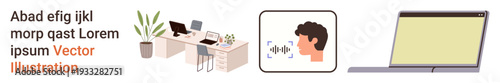 Office workspace, voice recognition, digital communication, remote work, tech devices, productivity. A desk setup, profile speaking icon and a laptop. Office setup and voice recognition concept
