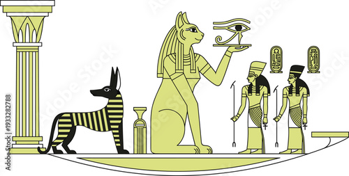 Ancient Egypt vector illustration featuring Bastet goddess, Anubis, Eye of Horus, pharaoh figures, and historic architectural columns isolated on a clean white background.