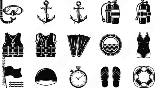 Black and white vector icon set of scuba diving equipment and maritime symbols including snorkel mask, oxygen tanks, life jacket, anchor, and swimming gear.