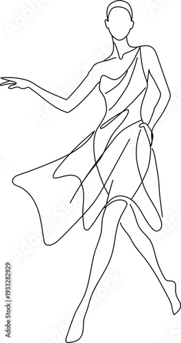A line drawing of a woman dancing in a flowing dress with elegance and poise