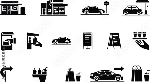 Collection of icons depicting various urban and automotive lifestyle elements Vector, illustration