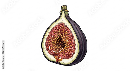 A halved fig fruit with a vibrant red and yellow interior on a white background showcasing its intricate texture and organic shape