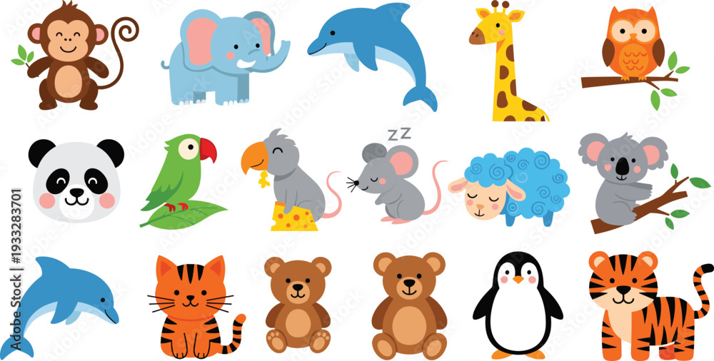 Fototapeta premium Cute baby animal collection featuring monkey elephant dolphin giraffe owl panda parrot mouse sheep koala cat bear penguin and tiger illustrations for kids nursery decor.