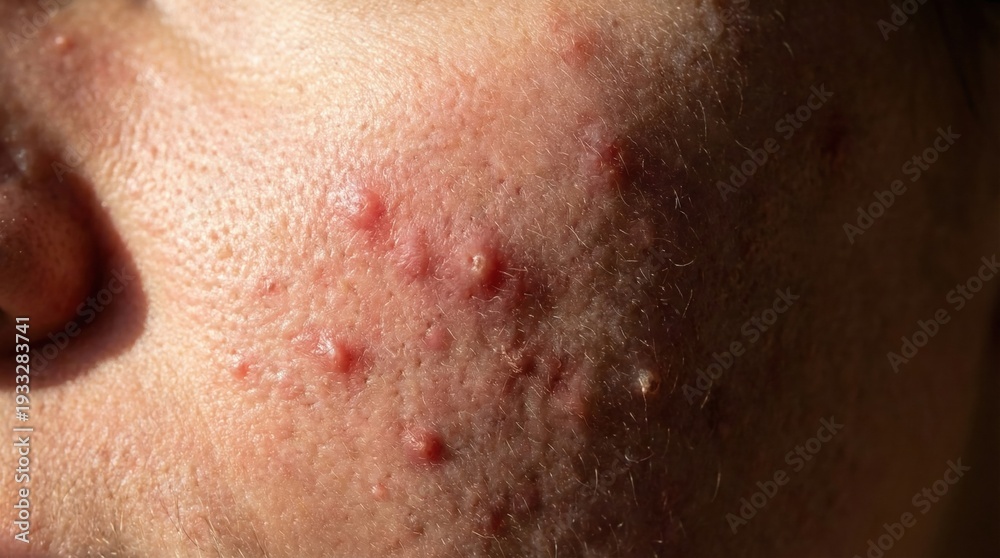 Fototapeta premium Close-up view of facial skin affected by acne and inflammation. Highlighting dermatological issues and skin texture. Ideal for medical articles, skincare blogs, and beauty health campaigns.