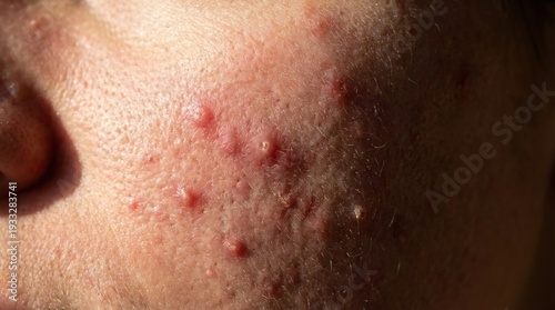 Close-up view of facial skin affected by acne and inflammation. Highlighting dermatological issues and skin texture. Ideal for medical articles, skincare blogs, and beauty health campaigns.