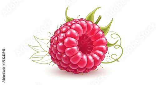 Fresh raspberry with green leaves on white background illustrating healthy eating and nutrition concept