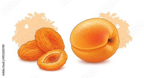Fresh apricots and almonds on a white background with a light orange abstract design
