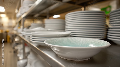 Dishes Lined up on Shelves in a Restaurant Kitchen During Meal Preparation Time