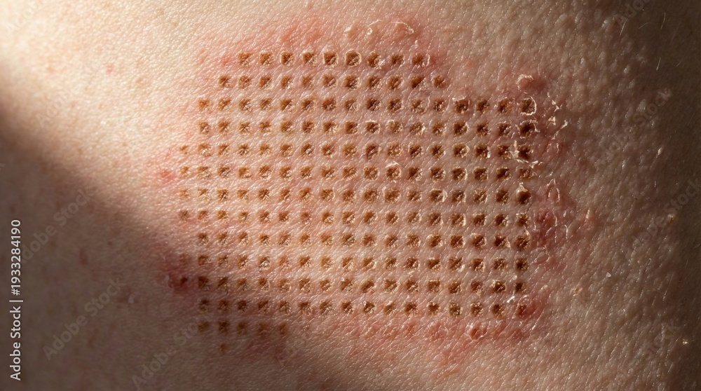 Fototapeta premium Close up of human skin with grid marks from fractional laser treatment. Depicts healing process and skin sensitivity. Ideal for dermatology and aesthetic medicine content.