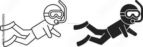 Snorkeling diver icon set underwater swimming character with mask and fins outline and solid style marine adventure vector illustration design