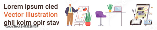 Business planning, creative workspace, online learning, remote work, digital growth, education tools. A man presenting a chart, desk with a plant and online learning setup. Business planning