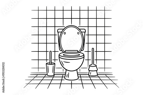 A minimalist line art illustration of a toilet with its lid up, accompanied by a toilet brush and plunger in a bathroom with a tiled floor and wall.