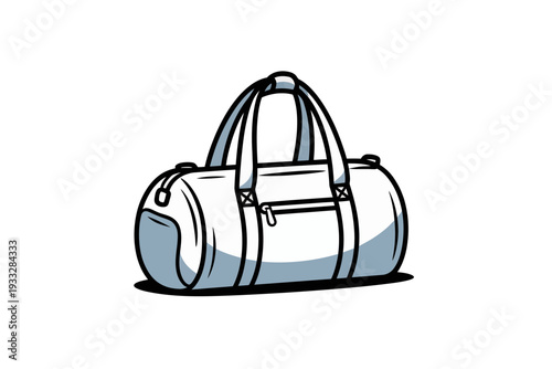 A minimalist illustration of a white duffel bag with black accents and a sleek design