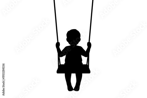 A minimalist silhouette of a child swinging on a swing set against a white background