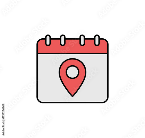 A vector graphic illustration of a calendar icon with a location pin on a white background