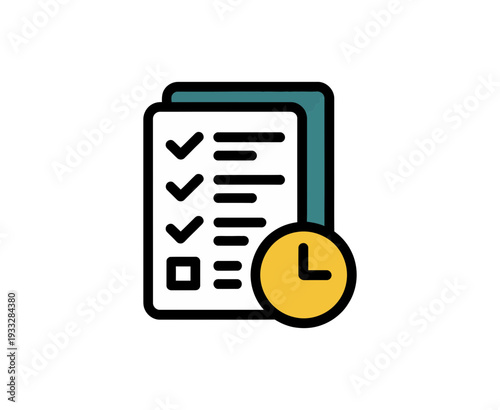 A minimalist vector graphic of a checklist with a clock icon, representing task management and deadlines.