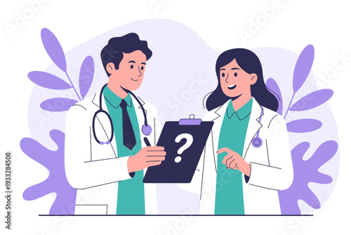 A vector graphic illustration of a male and female doctor discussing a medical case with a question mark on a clipboard