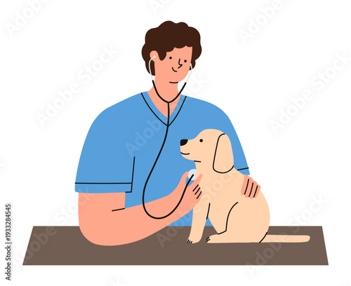 Professional veterinarian examining puppy on clinic table. Veterinary clinic pet healthcare concept for medical service branding, website headers, advertising materials. Flat vector illustration.