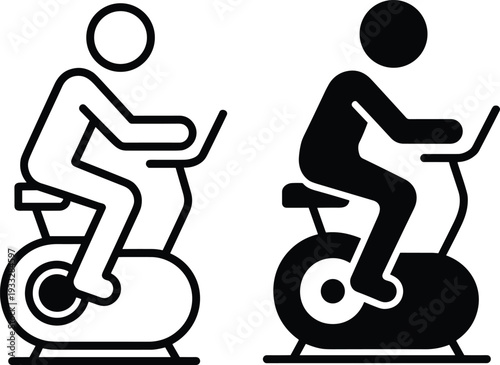Vector illustration of person riding stationary exercise bike with laptop, multitasking fitness silhouette design, black and white stock content icon