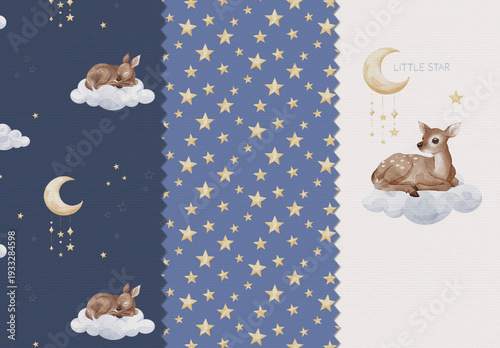 Watercolor night sky seamless pattern set with cute baby deer on clouds, editable psdt template. Moon and stars nursery wallpaper background with isolated illustration element