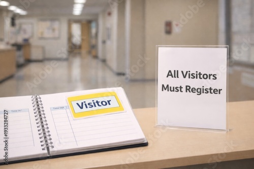 Visitor registration book and sign in school college lobby, focus on safety