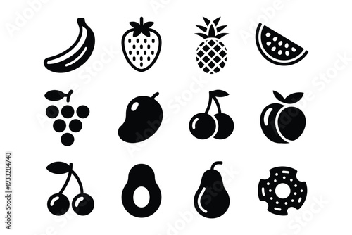 Various Fruit Icons in Black Silhouette Style Featuring Bananas, Strawberries and Avocados, Minimal Vector Graphic Set for Food, Menu and Packaging Design