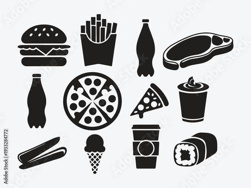 A comprehensive set of fast food and drink icons featuring vector illustrations of a burger, pizza, coffee cup, and dessert symbols perfect for a restaurant menu or breakfast and lunch graphics