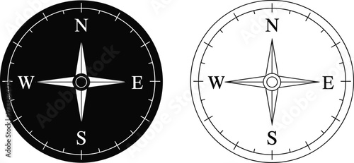 Compass rose vector illustration set with north south east west directions, black and white navigation symbol icons isolated on background
