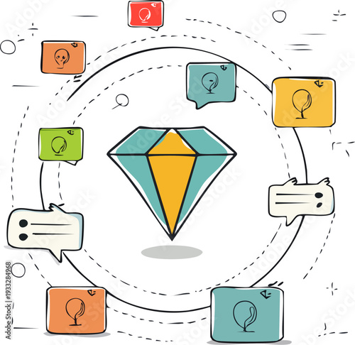 Colorful speech bubbles surrounding a diamond icon.