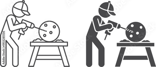 Vector illustration of person using power drill on spherical object, DIY construction silhouette design, black and white stock content for tools