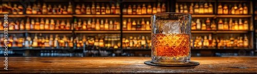 Single glass of amber spirit with ice sits on a wooden bar counter against a backdrop of illuminated liquor bottles.