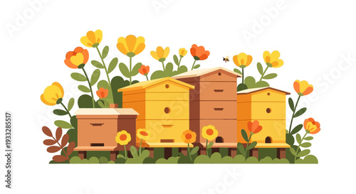 Beehives and Bees in a Colorful Flower Garden Vector Illustration