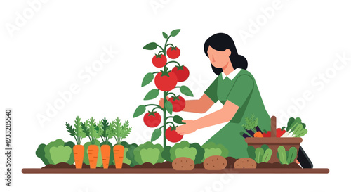 Woman Harvesting Tomatoes and Vegetables in Garden Vector Illustration