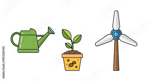 Set of 3 Green Energy and Gardening Icons Vector