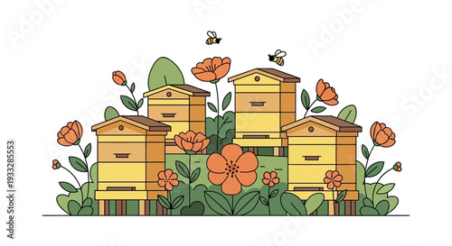 Beehives and Bees with Orange Flowers and Green Leaves Vector Illustration