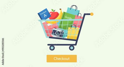 Shopping Cart with Groceries and Products Vector Illustration