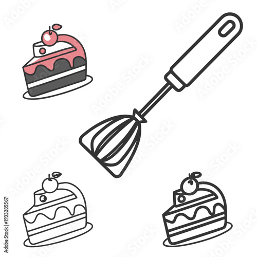 Collection of dessert slices and baking whisk tool in line art style for confectionery and pastry preparation
