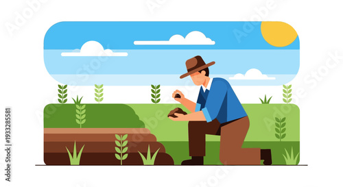 Farmer Examining Soil and Crops in Field Vector Illustration