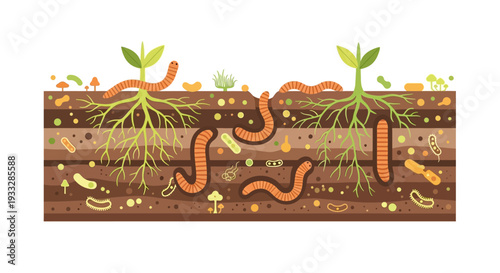 Soil cross section with earthworms and plant roots vector illustration