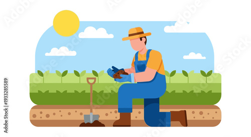 Farmer Planting Seedling in Garden Flat Vector Illustration