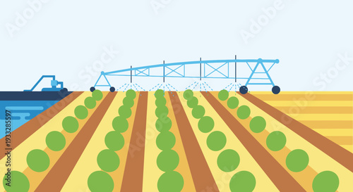 Automated Farm Irrigation System Watering Crop Fields Vector Illustration