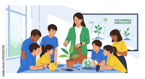 Teacher and Students Learning Sustainable Agriculture in Classroom Vector Illustration
