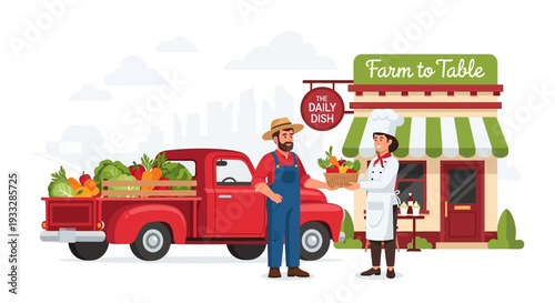 Farm to Table Food Delivery with Farmer and Chef Vector Illustration